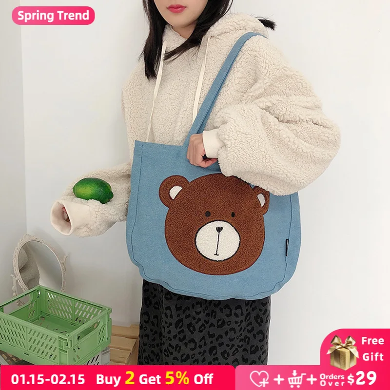 

Vintage Women Denim Shoulder Bag Large Capacity Ladies Shopping Bags Cute Embroidered Bear Girls Student Handbags Casual Tote