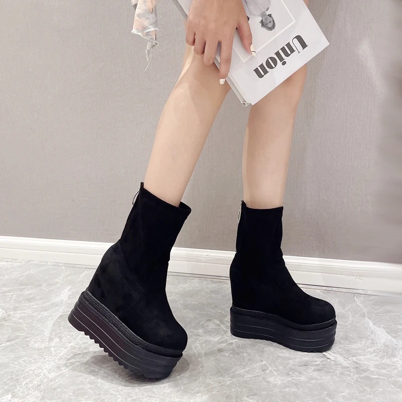 

12cm Wedge Boots Women Black Suede Leather Platforms Heels Punk Mid Calf Boots Height Increasing Wedges Shoes Botas Femininas