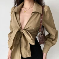 womens top european and american style sexy cross v neck strapped lantern sleeve shirt womens high waist short lapel top