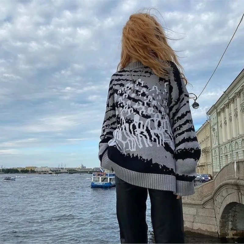 

Винтажный женский свитер в стиле хип-хоп, ретро, Вязаный Свитер оверсайз, мужской Готический пуловер в стиле граффити укиё-э, теплый и утепле...