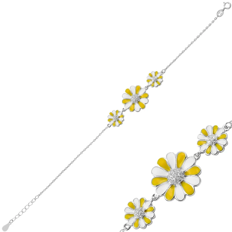 

Silver 925 Sterling Zircon Stone & Enamel Daisy Bracelet
