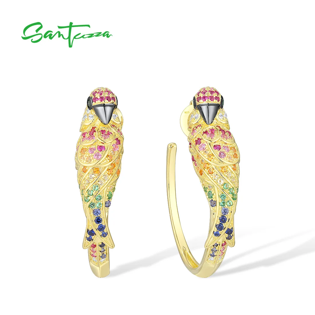 

SANTUZZA Pure 925 Sterling Silver Stud Hoop Earrings For Women Sparkling Colorful Stone Gold Plated Parrots Fine Luxury Jewelry