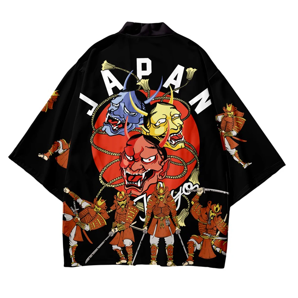 

Японское кимоно, кардиган с темным принтом, хаори, юката, Самурайские пальто, модное кимоно, уличная одежда для мужчин и женщин, костюмы, топы