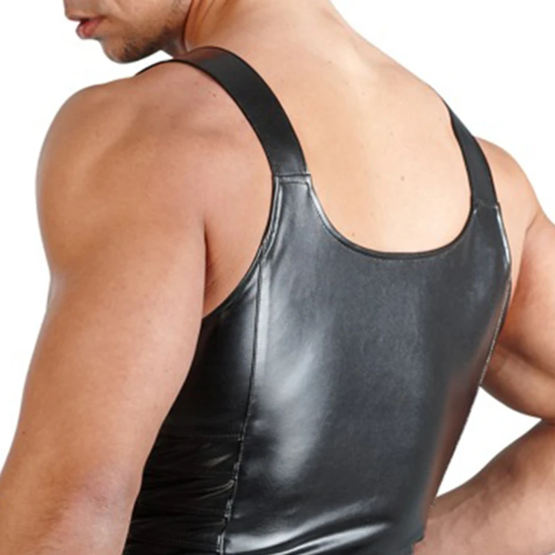 Sexy Men Underwear Sleeveless Open Crotch Faux Leather Zipper Bodysuit Shorts Jumpsuit Shapers