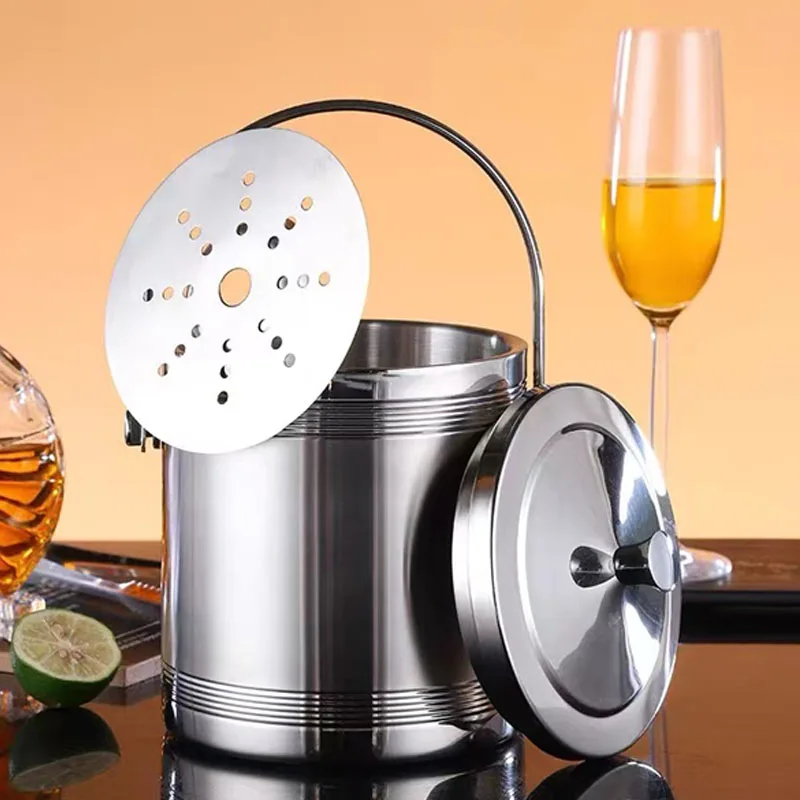 

304 1L/1.4L/2L Stainless Steel Ice Bucket Portable Double Wall Insulated with Lid Hotel Champagne Whiskey Beverage Beer Tools
