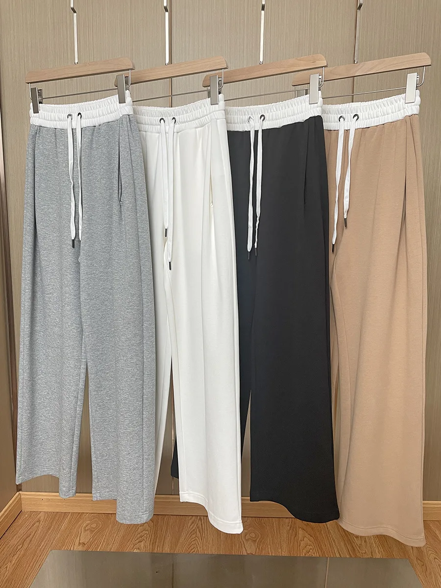 Women Beadings Elastic Waist Drawstring Sweatpants Loose Straight 2023 Spring Lady Contrast Color Long Trousers