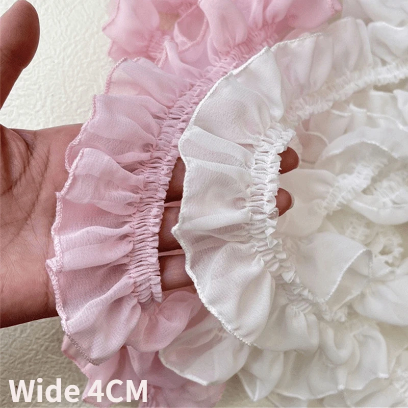 

4CM Wide White Pink Chiffon Pleated Needlework Ruffles Trim Lace Fabirc Neckline Cuffs Pets Clothes Apparel Skirt Sewing Decor