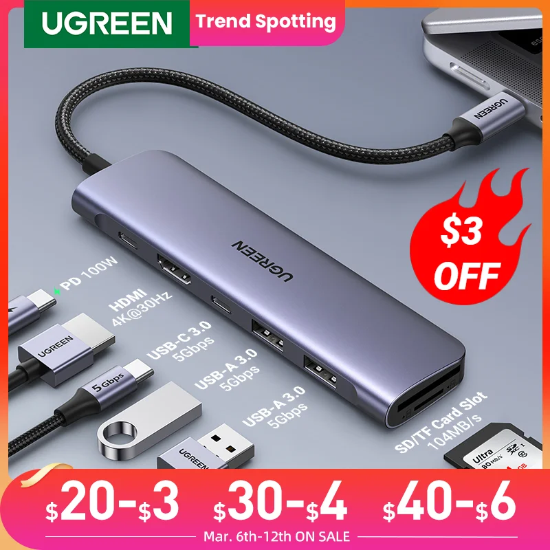 UGREEN USB C HUB Type C 3.1 to HDMI 4K SD TF PD 100W Adapter For Macbook iPad Pro Air M2 M1 PC Accessories 5Gbps USB C 3.0 HUB