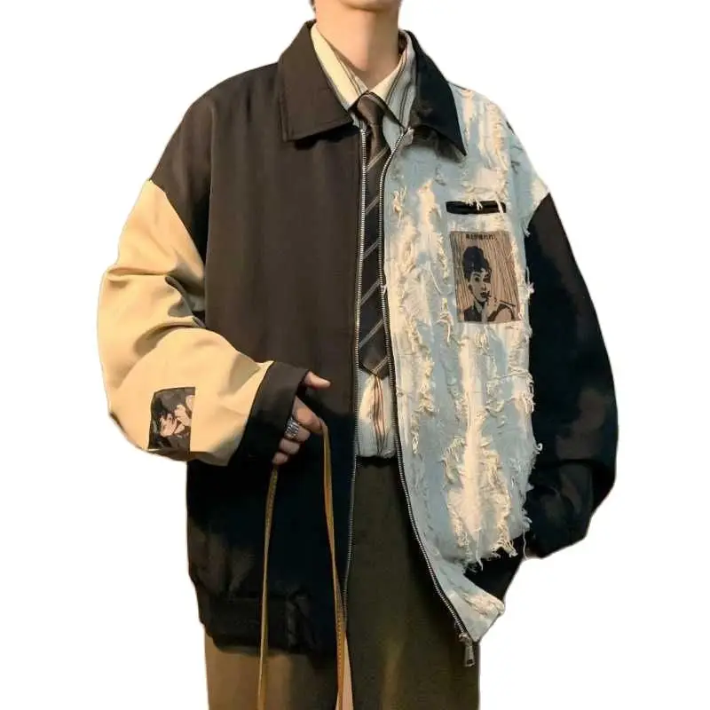 

Men's Loose Vintage Coat Patchwork Tassel Decor High Street Mixed Color Jacket