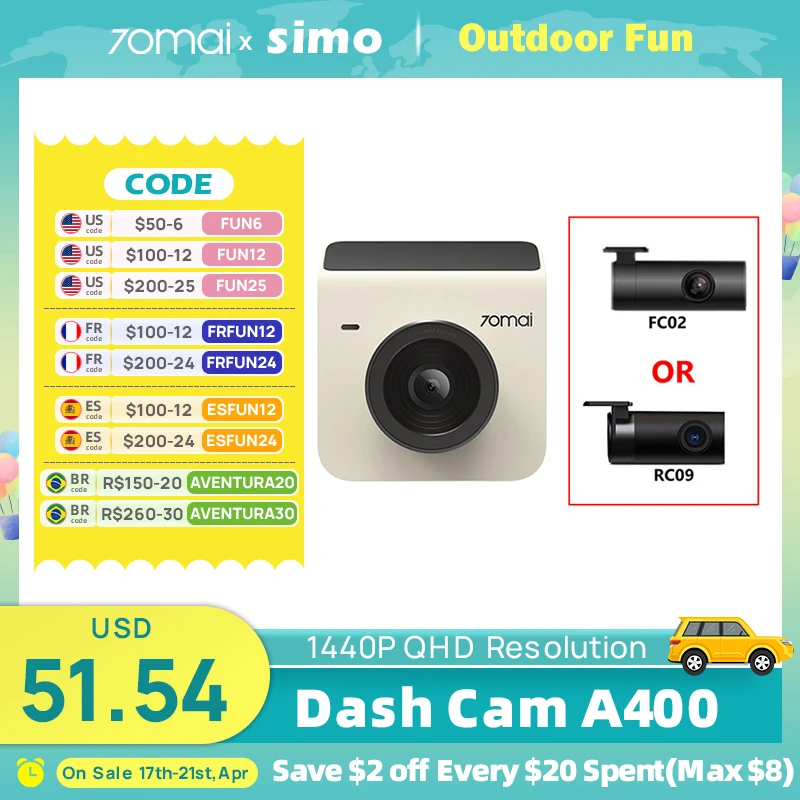

70mai Dash Cam A400 Car DVR 70mai 145° FOV Car Recorder APP Control Support Dual Channel & 24H Parking Monitor 1440P Resolution