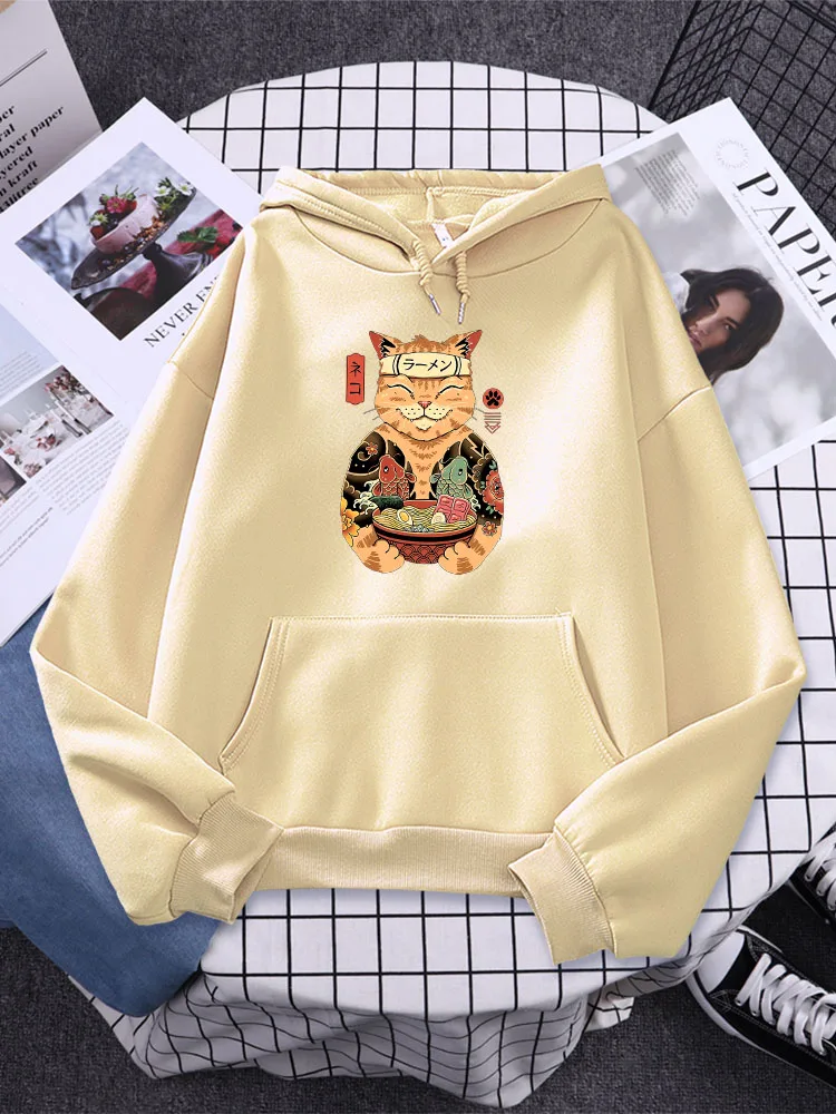 

Ukiyo-E Style Cat Eating Ramen Japanese Koi Prints Women Streetwear Cartoons Harajuku Hoodies Oversize Casual Womans Clothing
