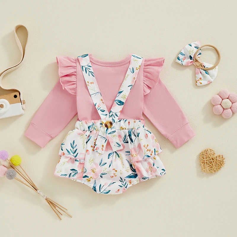 Осенний комплект для маленьких девочек комбинезон с длинным рукавом и оборками