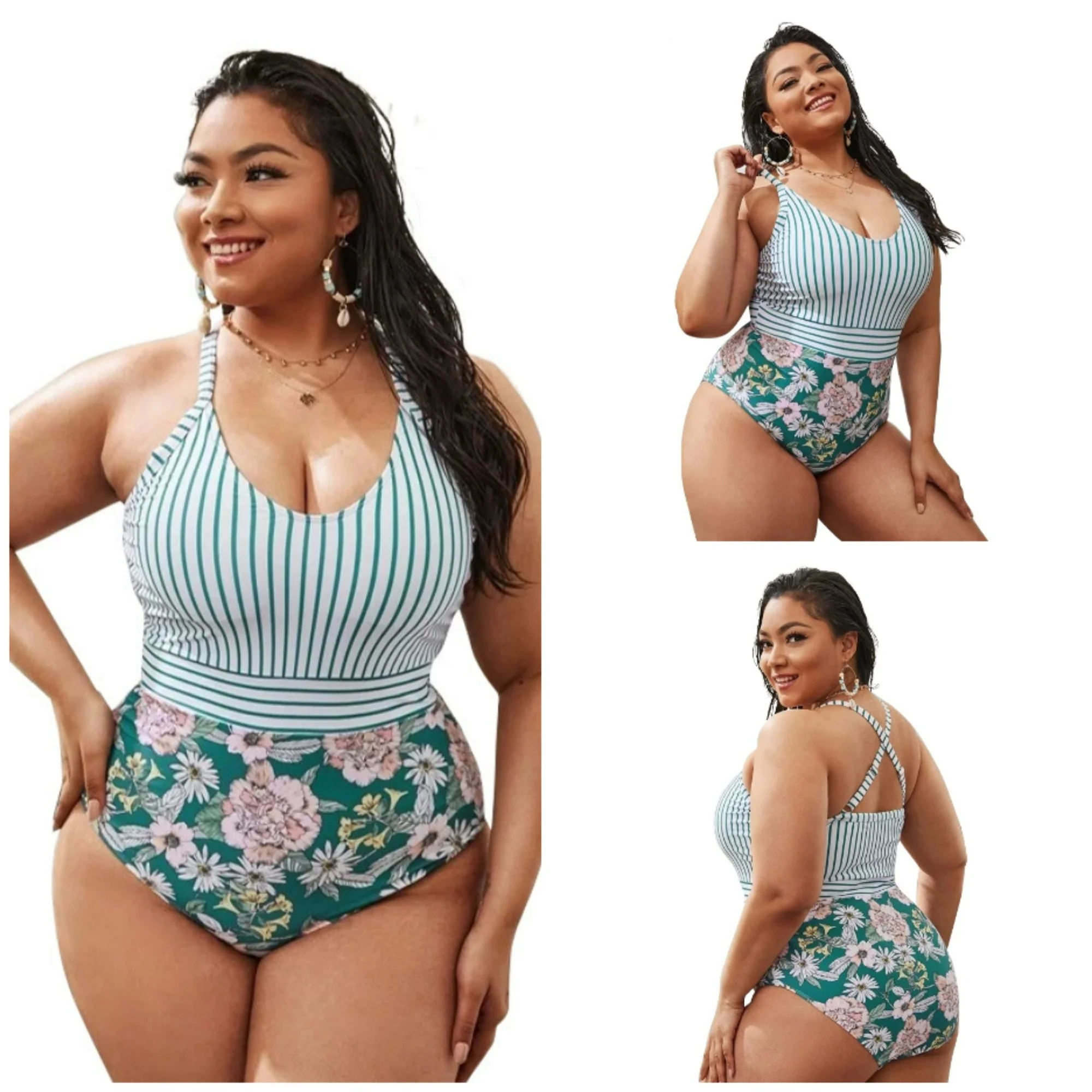 

Striped Print One Piece Bikini Plus Size Cross Straps Sexy Backless High Cut Swimwear Resort Beachwear