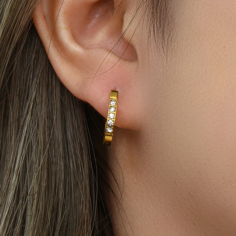 

2022 Punk Zircon Inlaid Small Hoop Earrings for Women Party Jewelry 18K Gold Plated Female Earrings Waterproof Hypoallergenic