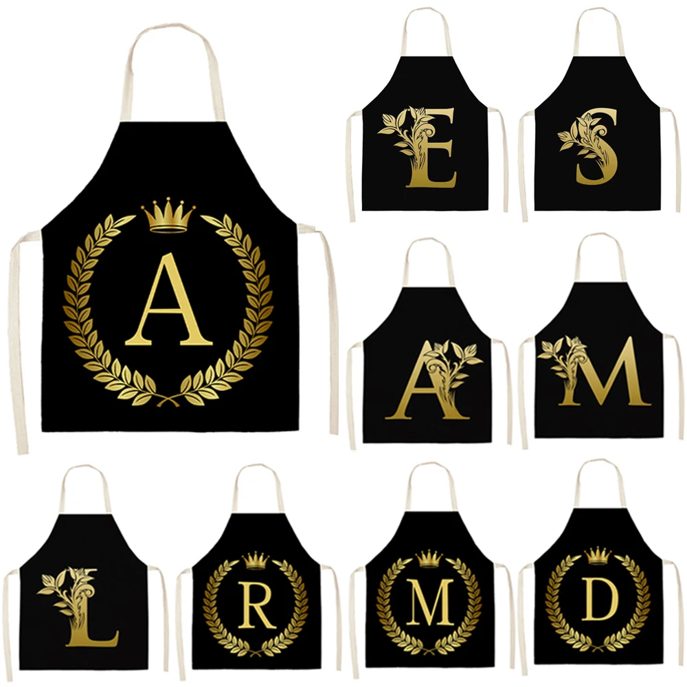 

1Pcs Gold Leopard 26 Letters Sleeveless Kitchen Aprons Cotton Linen Bibs 55*68cm Household Cleaning Pinafore Home Cooking Tools