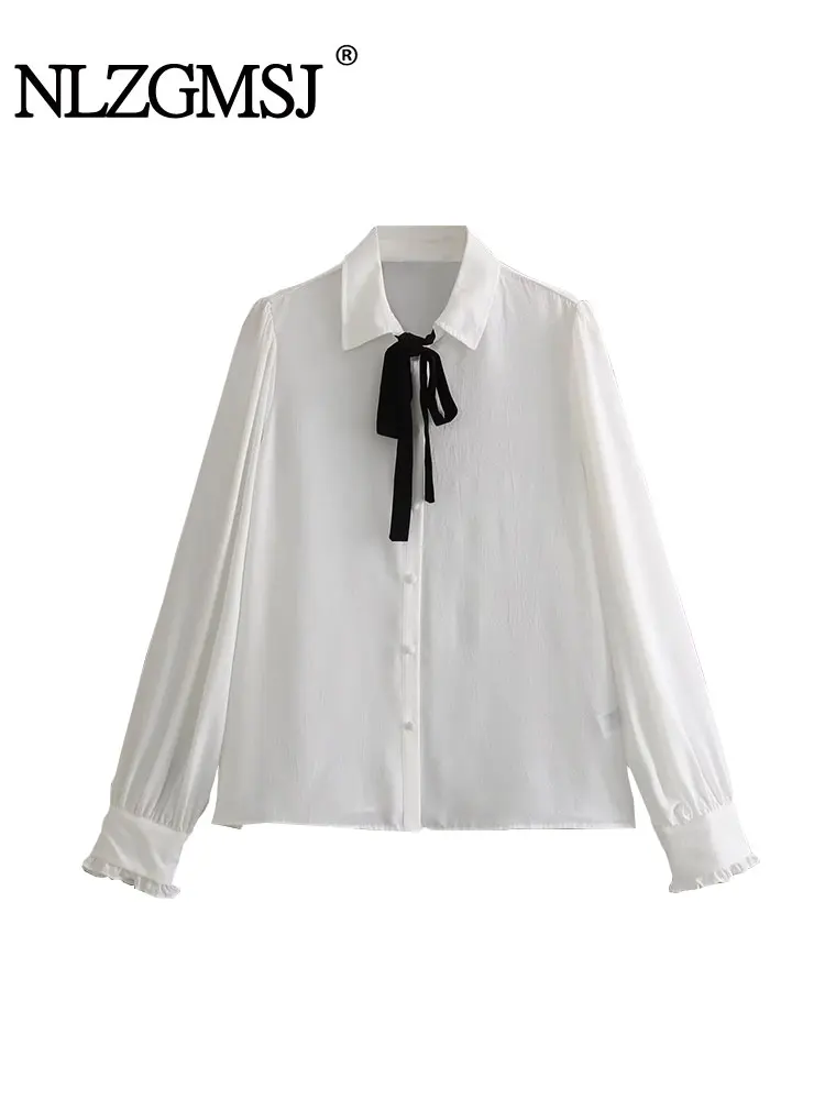 

Nlzgmsj TRAF Spring Autumn White Shirt Blouses Ladies Tops Shirt Female Tie Pan Bow School Peter Collar Elegant Shirts Women