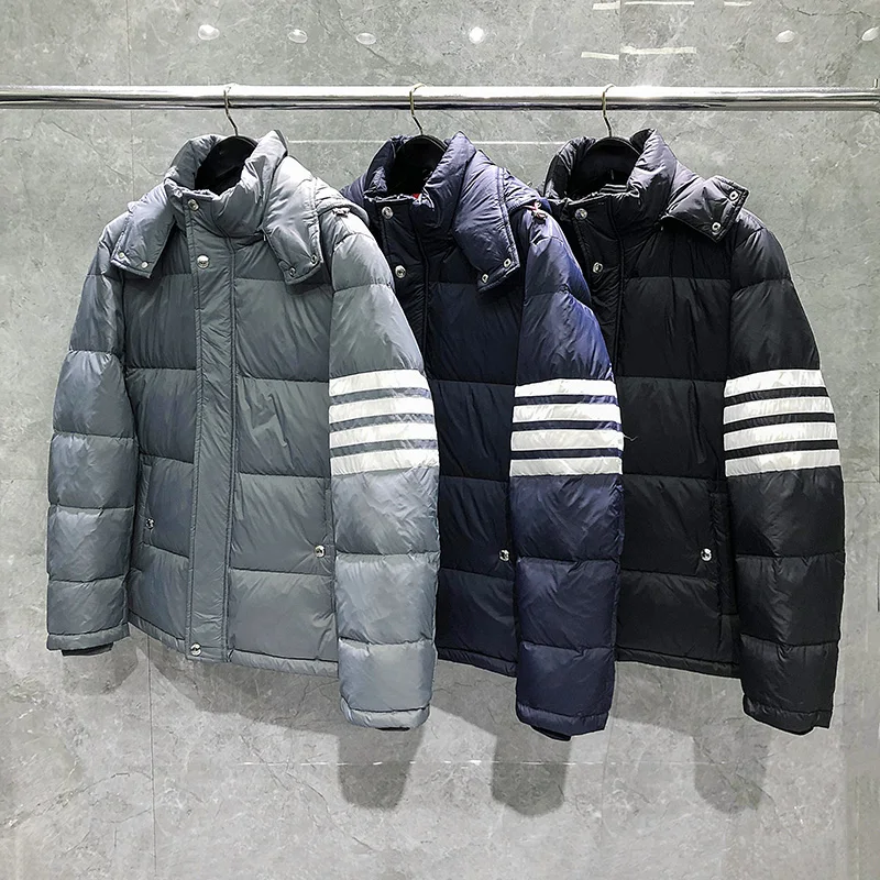 TB THOM Winter Jacket Men Classic White 4-Bar Striped Style White Duck Down Coat High Quality Hooded Warm Women Winter Coats