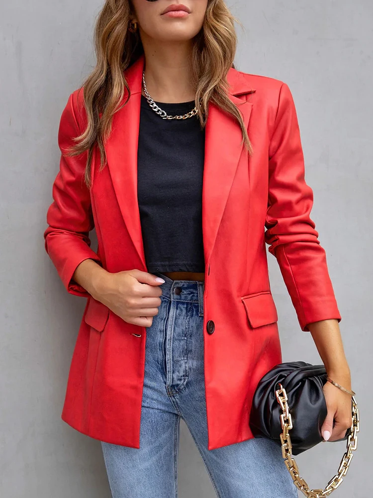 WYWMY Faux Leather Jacket Autumn Oversized Solid Color Blazer Jacket Women Long Sleeve Double Breasted Y2K Jacket Fashion Coat