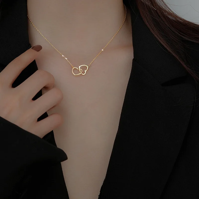 

Love Heart Lock Collarbone with Double Circle Chain for Sweater/Cross-border Hot Sale Summer Necklace Collar Largo