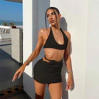 wishyear 2022 summer sexy sleeveless lace up halter backless crop top bodycon mini skirts 2 piece sets ladies beach club outfit