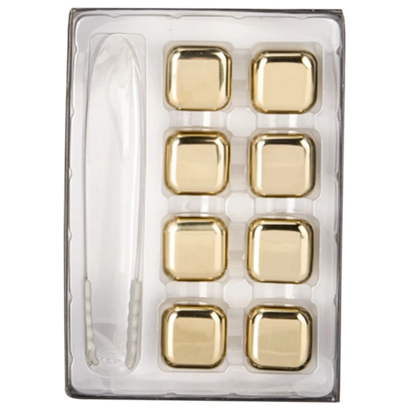 

LBER 8Pcs Whiskey Stone,Gold Stainless Steel Square Shaped Metal Ice-Cube, Reusable Chilling Rocks With Clip And Storage Box