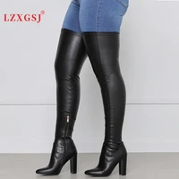 black women thigh high boots 2022 autumn winter sexy block heels female pu leather pointed toe boots ladies big size shoes