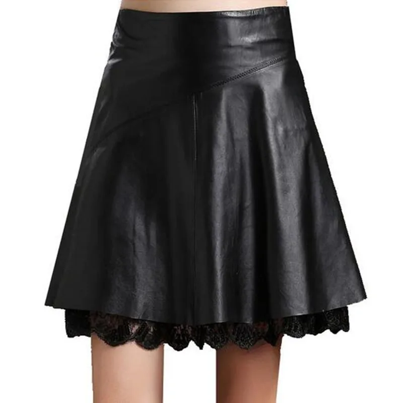 Hot Promotional High Waist Short Pleated Skirt 2022 New PU Leather Lace Stitching Fashion Black Women | Женская одежда