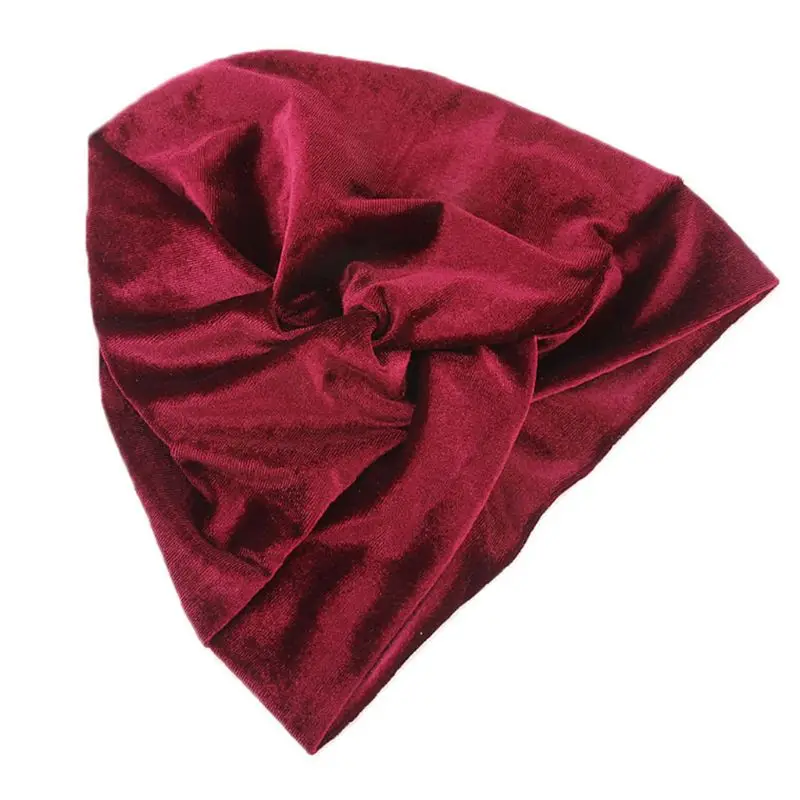 Women Velvet Turban Retro Knotted Twist Muslim Hijab Hat Solid Glitter Chemo Cap