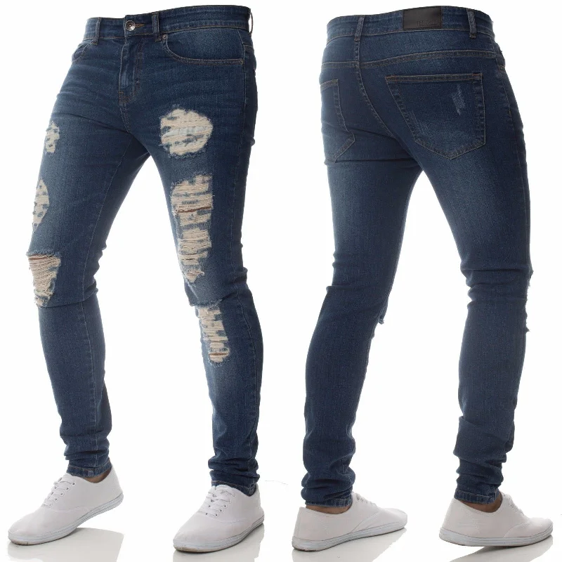 Mens Ripped Skinny Jeans Blue Slim Fit Hole Pencil Pants Biker Casual Trousers Streetwear High Quality Denim Man Clothing