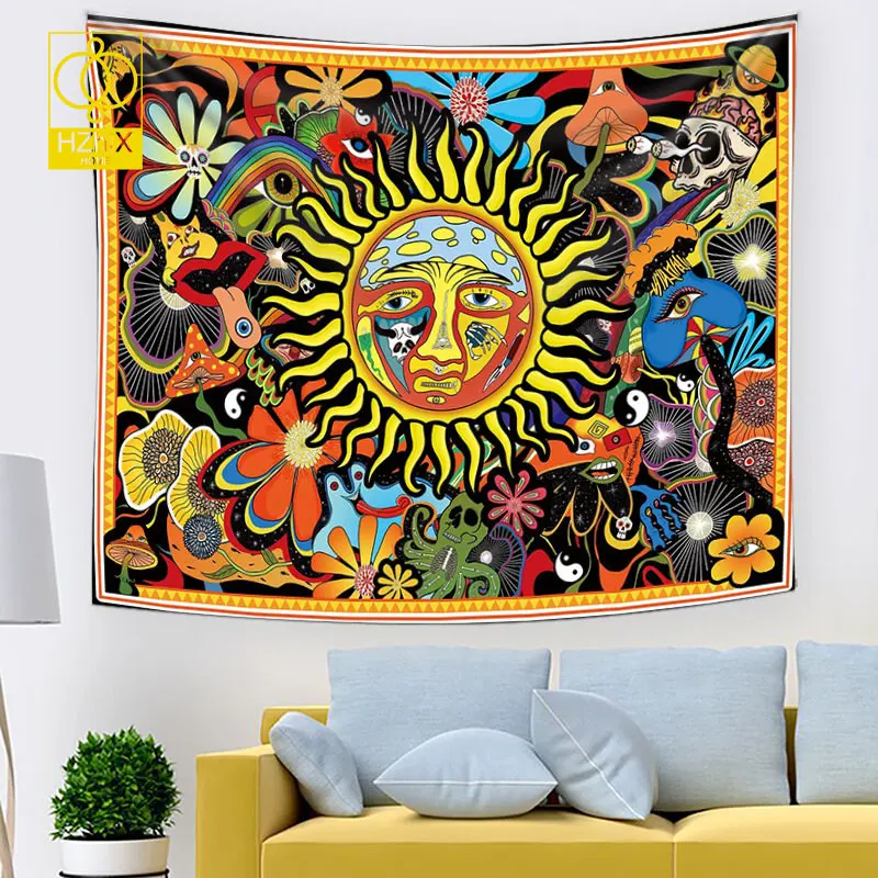 

Trippy Sun Tapestry Wall Hanging Bedroom Dorm Psychedelic Tarot Hippie Mushroom Cloth Fabric Home Living Room Decor Tapestries