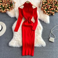 stand up collar knitted stretch dress women tight fitting bag hip strapless bottoming sweater dress fashion long skirt