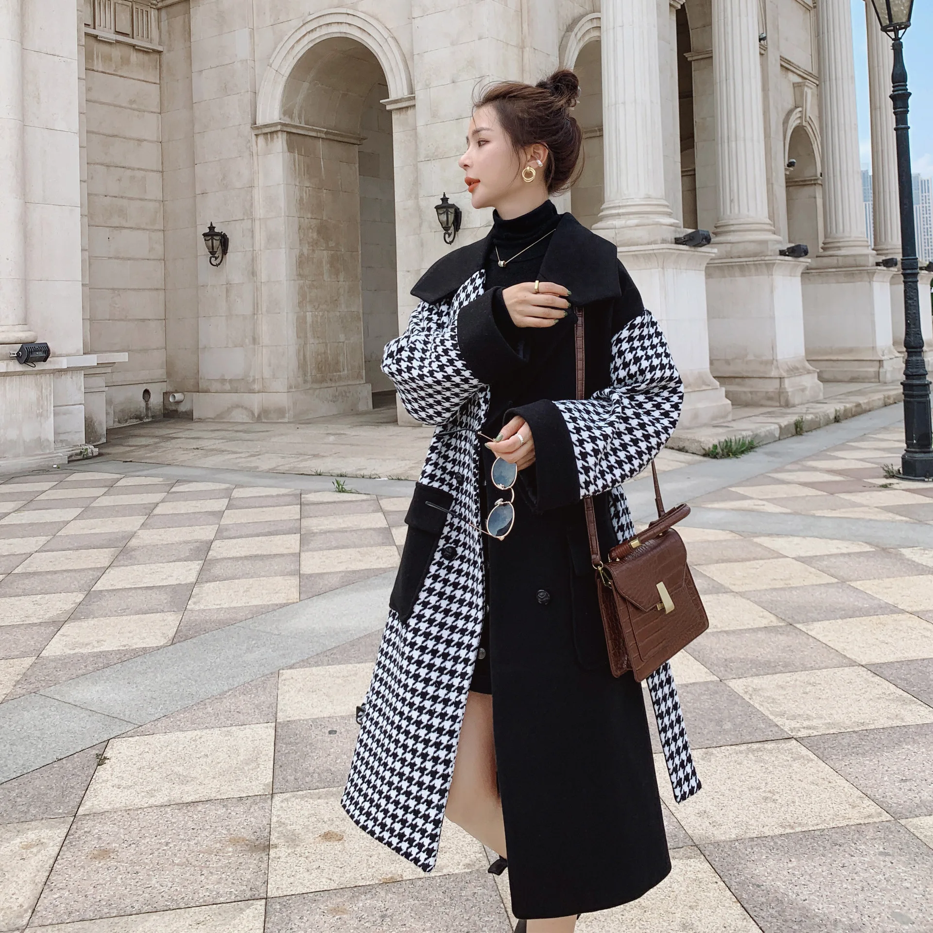 

Houndstooth Women's Woolen Coat Winter Korean Loose Commuter Thickening Stitching High-quality Fashion Black Ladies Cloak Female