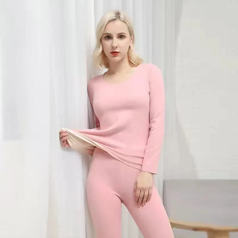 Women Double-sided Velvet Warm Pajamas Suit Thickened V-neck Underwear Winter Warm Fitting Stretch Long Sleeved Thermal Pajamas
