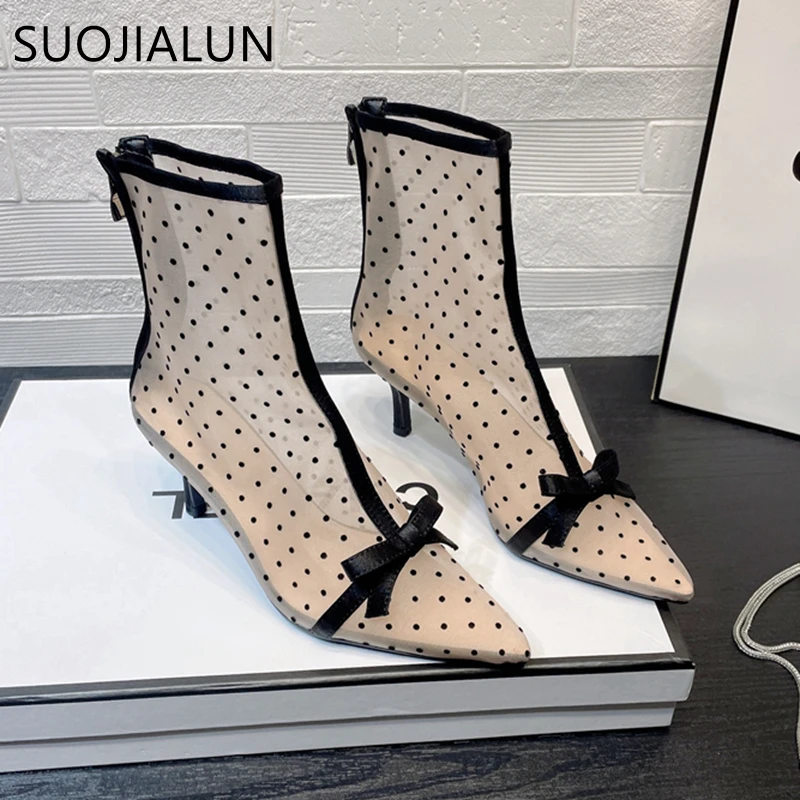 

Новинка осени 2022, Брендовые женские ботильоны SUOJIALUN, модные женские короткие ботинки в горошек с острым носком, элегантные туфли-лодочки на ...