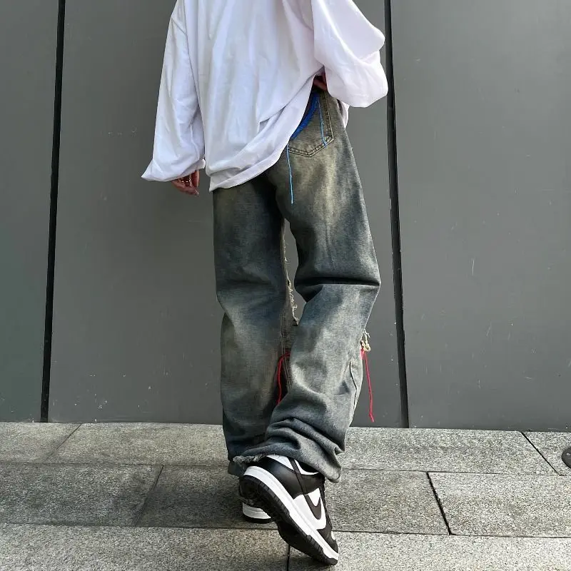 Korean Style Ins Hip-Hop Trendy Distressed Red Rope Vintage Jeans Washed And Worn Long Straight Leg Pants