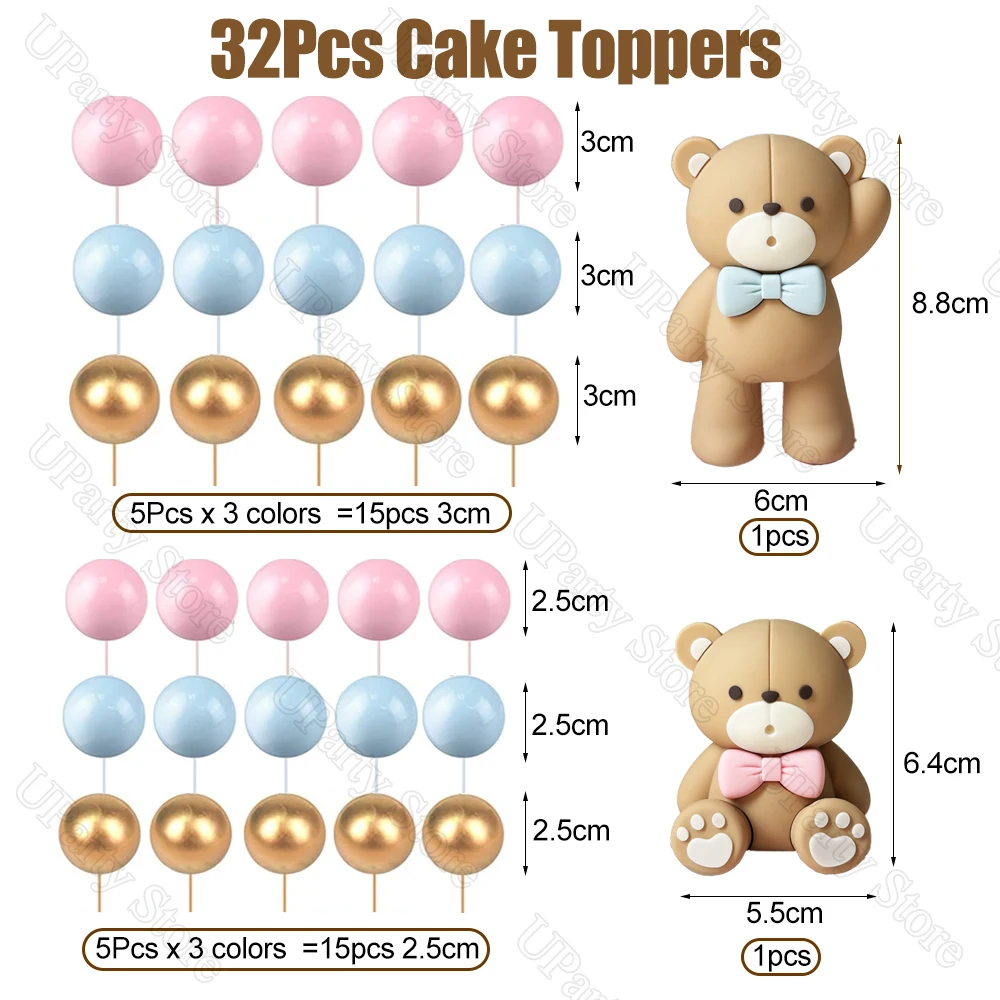 Топпер для торта с голубым и розовым медведем 32 шт.