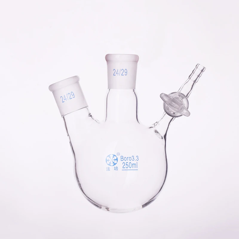 Two-necked reaction bottle oblique shape,Round bottom,Capacity 250mL,Joint 24/29,Glass switch valve,Two-port reaction flask