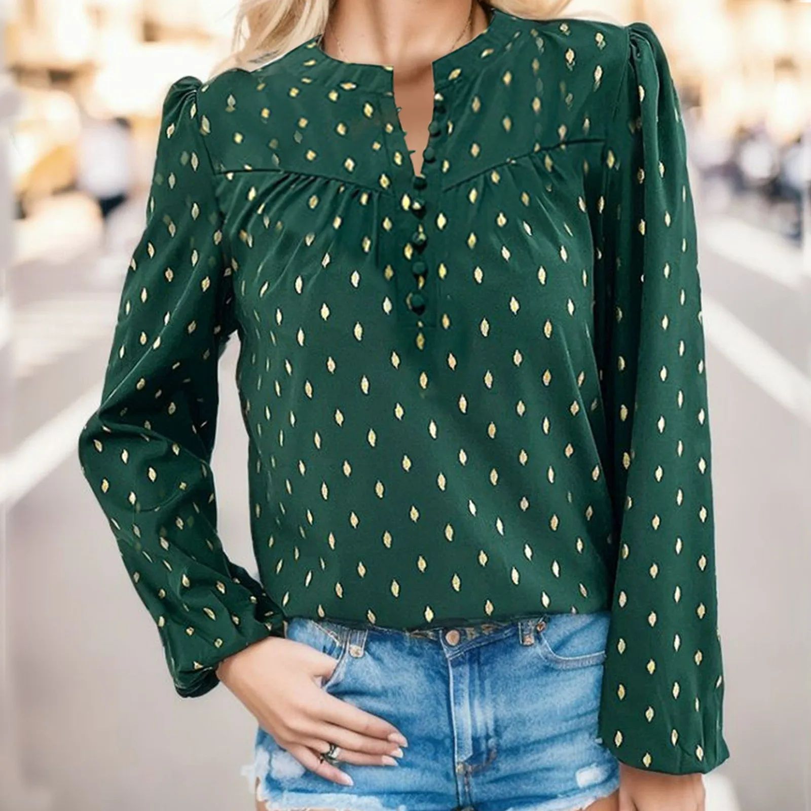 

Gold Foil Print Shirts For Women Long Pleated Sleeve V Neck Buttoned Blouse Elegant Retro Tops And Blouse Blusas Autumn Winter