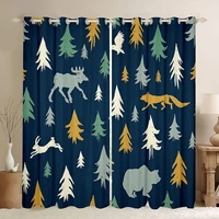 woodland nature theme window treatments tree print curtain fox bear rabbit pattern window drapes animal themed navy blue cortin