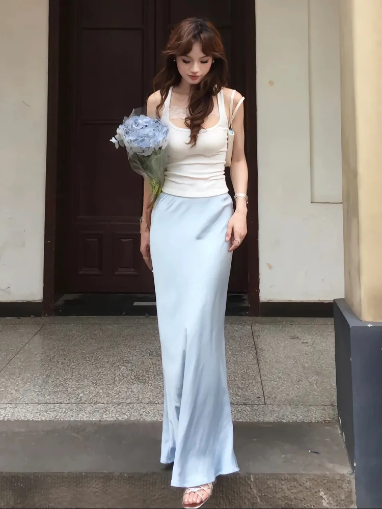 Blue Silky Satin High Waist Fishtail Skirt for Women Summer New High-Grade Drape Mid-Length Elegant A- line