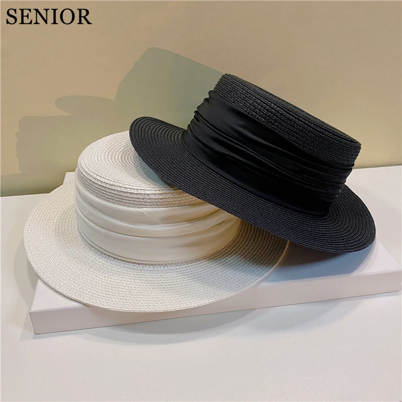 

2022 Summer Panama Women Raffia Straw Hat Silk Scarf Simple Elegant French Women Straw Top Hat Beach Vacation Women Straw Hat