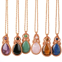 natural crystal stone necklace healing lapis lazuli obsidian tear water drop shape pendant thread rope wrap necklace pink quartz