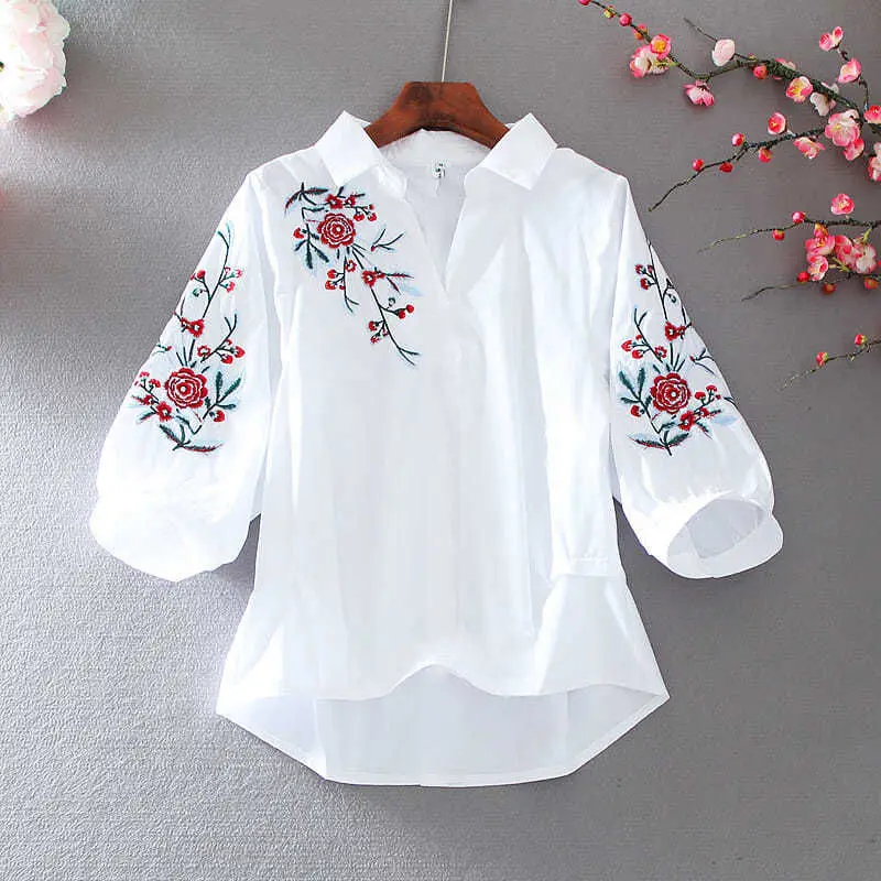 

Elegant Embroidery Shirt Women's Turn Over Leader Cotton Shirt Casual Women's Shirt Summer Lantern Sleeve Chinese Shirt Women