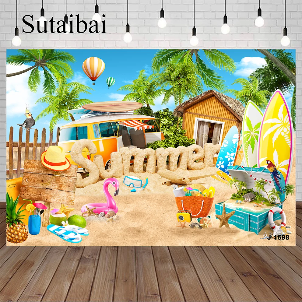 

Photography Background Summer Beach Tropical Seaside Bar Surfboard Car Luau Aloha Baby Party Decor Backdrop Photo Studi