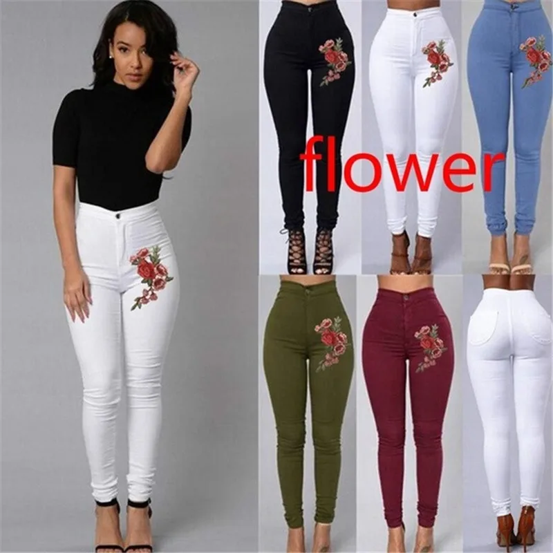 

Embroidery Flower Skinny Jeans Woman Black High Waist Render Jeans Vintage Sexy Long Pants Femme Casual