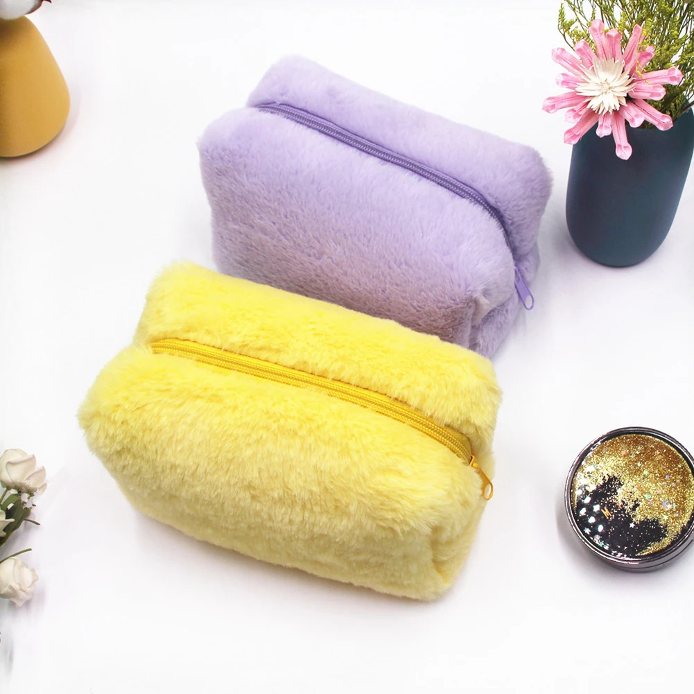 

1pc Solid Color Makeup Bags Soft Plush Cosmetic Make Up Brushes Storage Case Travel Toiletry Organizer Handbag Case Necessaries