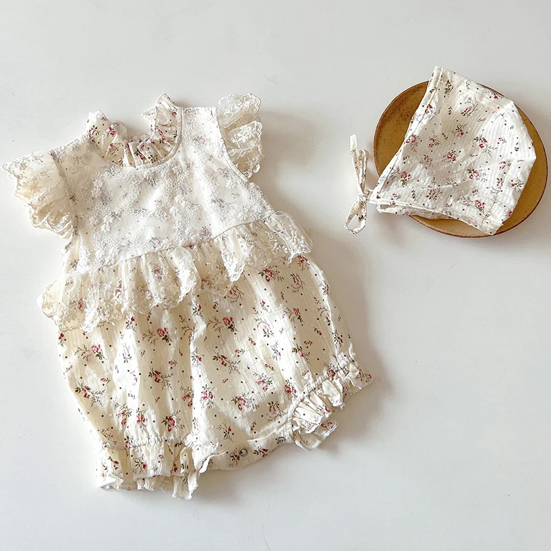 Summer Toddler Baby Girl Romper+Hat Flying Sleeve Flower Printing Lace Stitching Baby Girls Clothes Infant Baby Girls Jumpsuit