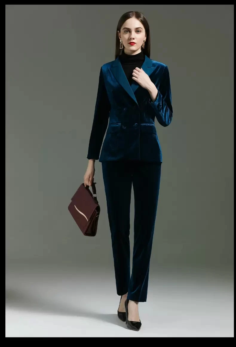 Women's Blazer Set Velvet Gunneck Collar Double Breasted Jacket Fashion Slim Fit Evening Dress Suit Blazer