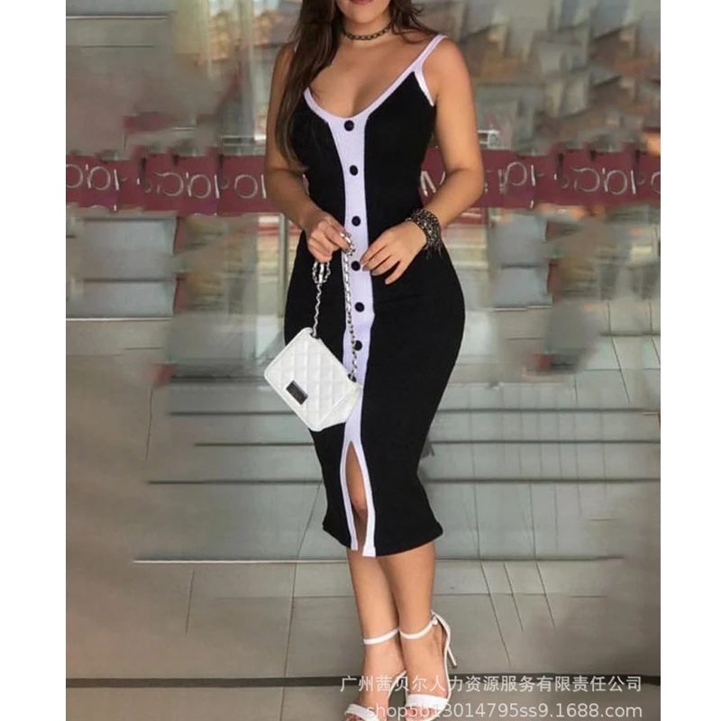 

Women's Dress Summer Sexy Solid Single-Breasted Split Dress Women's Casual Backless V-neck Spaghetti Strap High Waist Dress