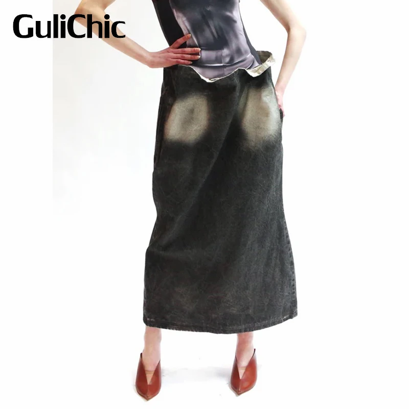 

6.3 GuliChic Women Fashion Washed Distressed Bleached Adjustable Belt High Waist Split Denim Skirt